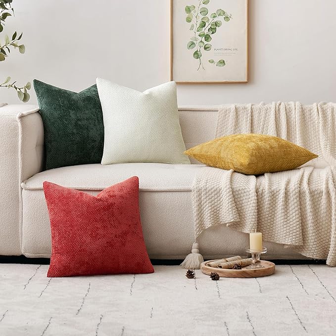 MIULEE Pack of 2 Couch Throw Pillow Covers 18x18 Inch Neutral Pure White Modern Boho Accent Decorative Pillow Covers Soft Chenille Farmhouse Cushion Covers for Home Decor Bed Sofa Living Room