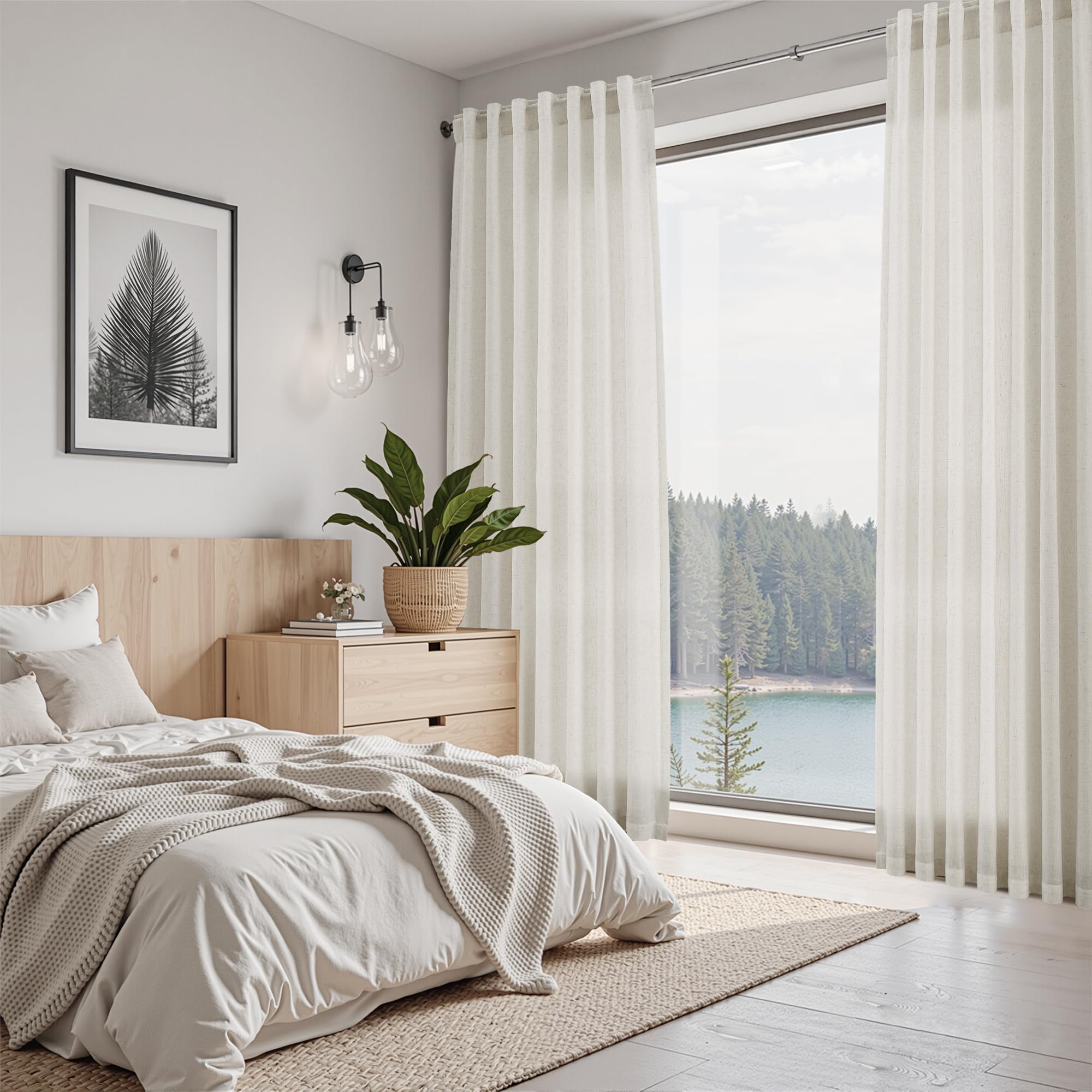 Nanspring Mousse White Curtains 90 Inches Long for Living Room Linen Light Filtering Semi Sheer Curtain Back Tab Rod Pocket Simple Modern Elegant Coastal Decor Drapes for Bedroom 52x90, 2 Panels