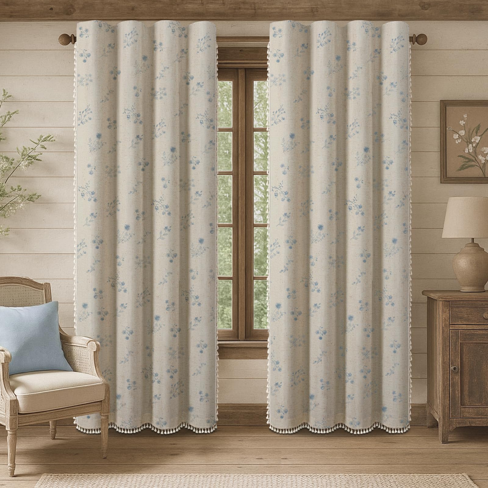 XOGUIBO Boho Floral 100% Blackout Curtains 84 Inch 2 Panels Light Blue