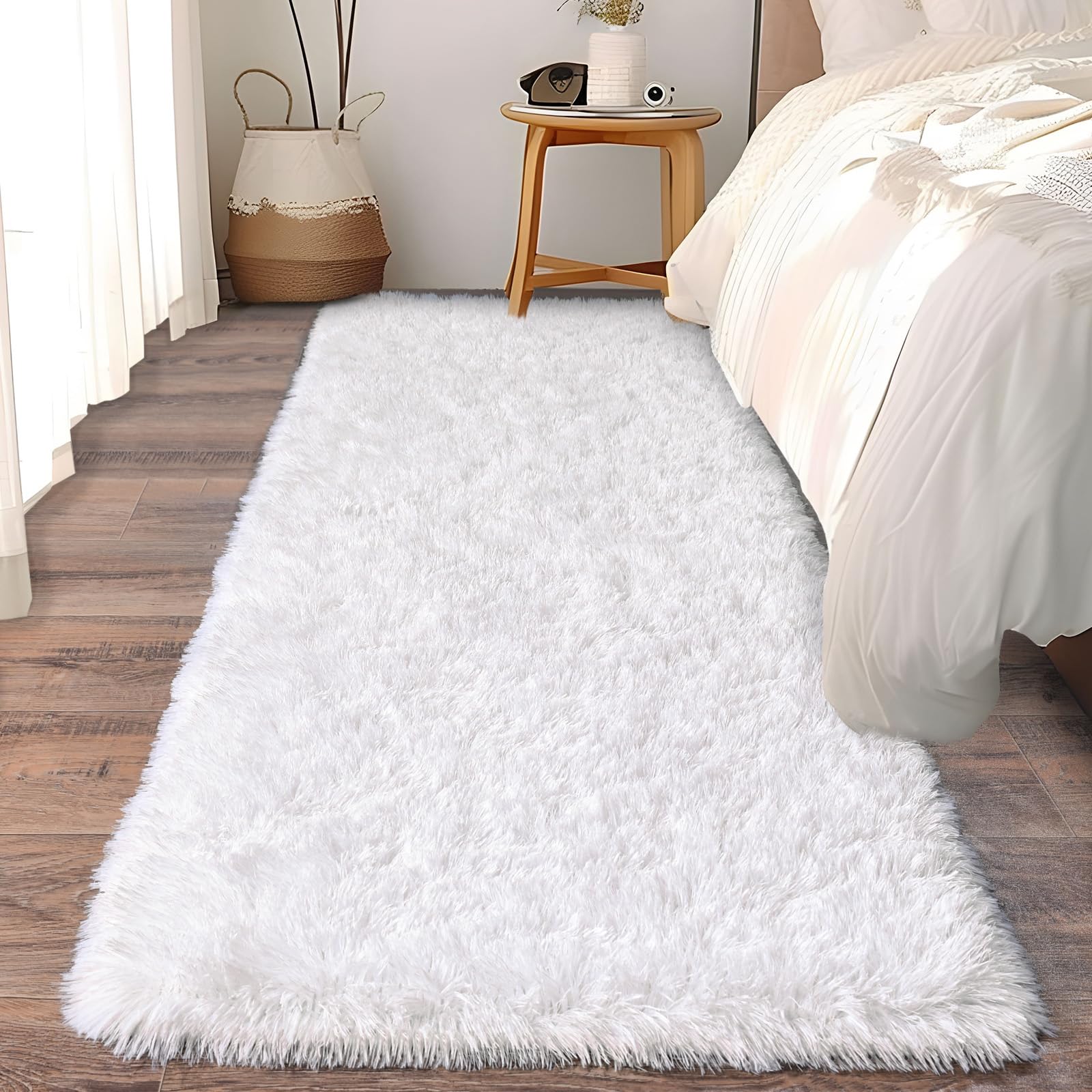 Ailyei Soft Runner Rugs for Bedroom Hallways, 2x6 White Fluffy Shag Throw Area Rug Non Slip for Bedside Dorm, Long Shaggy Furry Carpet for Nursery Living Room