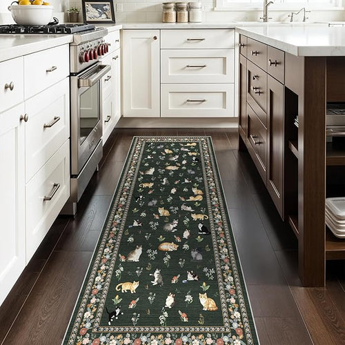 2'6"x8 Washable Kitchen Runner Rug: Floral Cat Print Non Slip Rug SageGreen