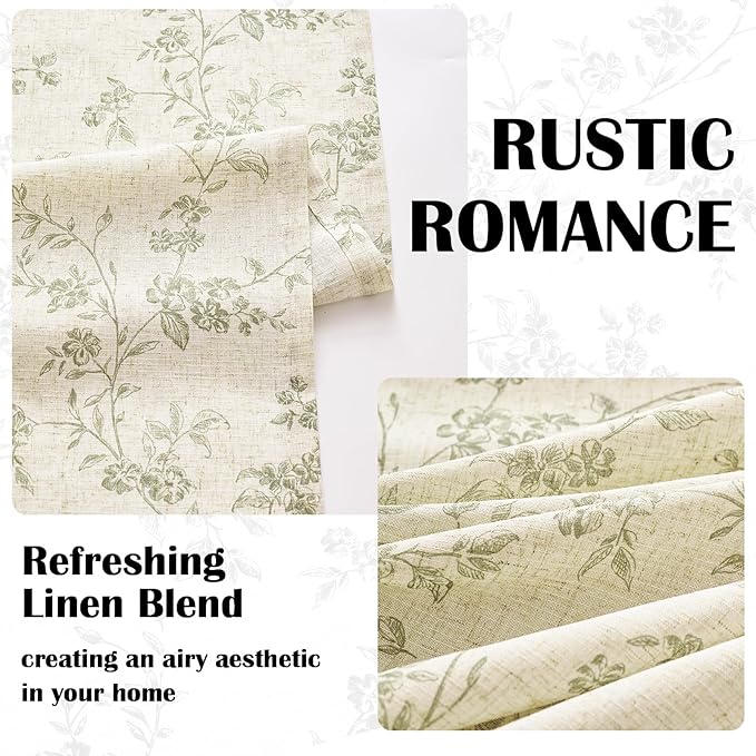 Lazzzy Green Vintage Floral Linen Curtains Farmhouse 38W X 90L 2 Panels