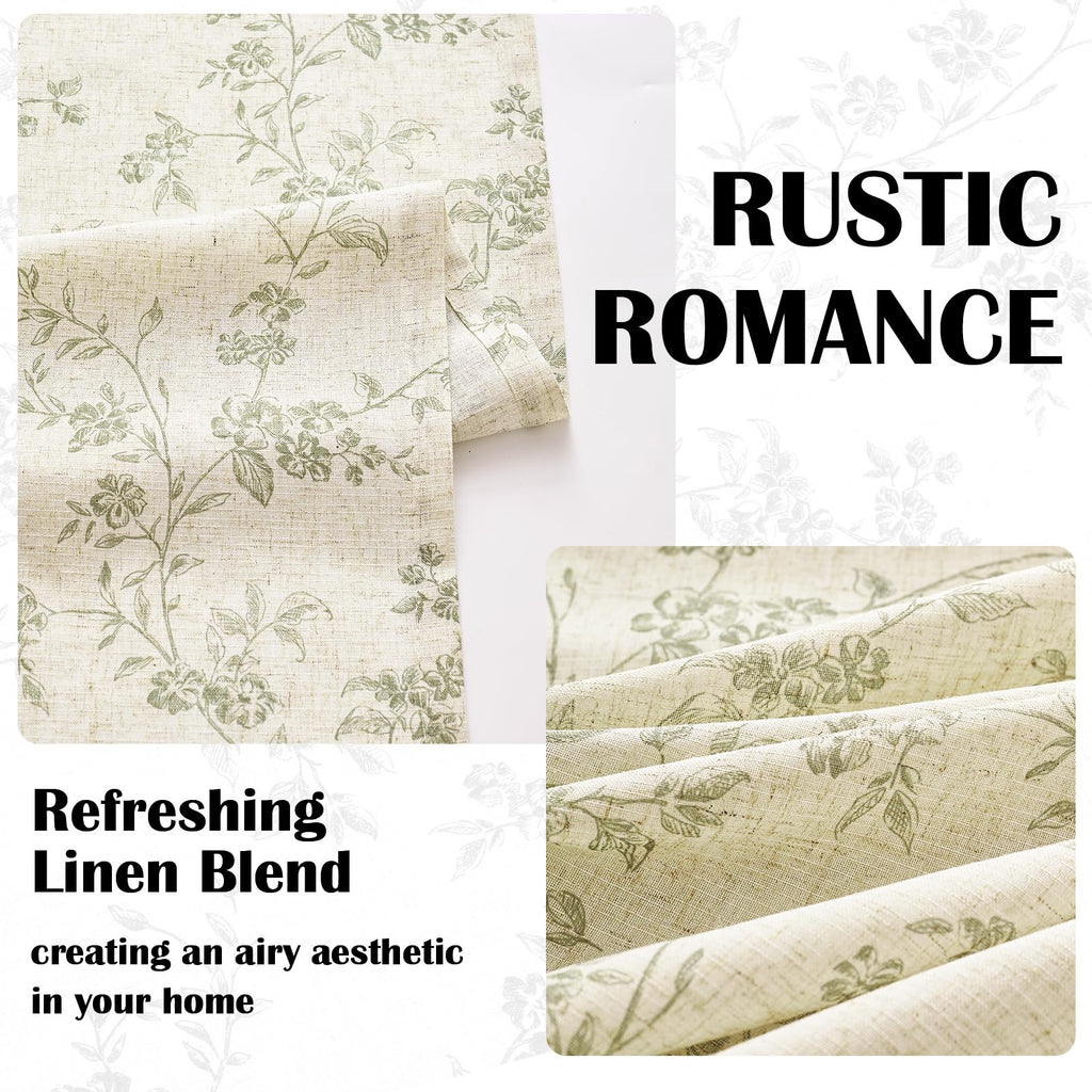 Lazzzy Green Vintage Floral Linen Curtains Farmhouse 50W X 90L 2 Panels