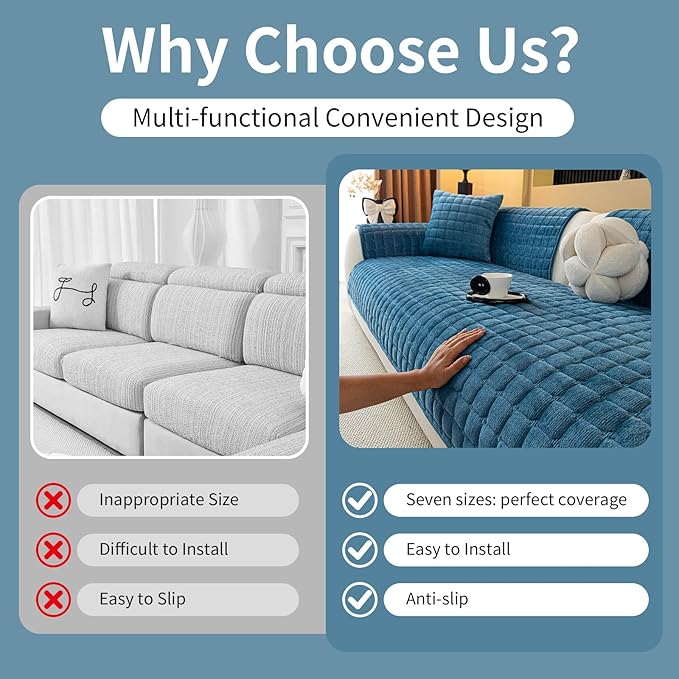 MDSASFD Velvet Couch Cover, Plush Sectional Sofa Cover Washable, Anti Slip Sofa Slipcover for 3 Cushions Sofas, Furniture Protector Covers for Pets & Kids(1PC, Blue, 35.4"×71", 3-Seater)