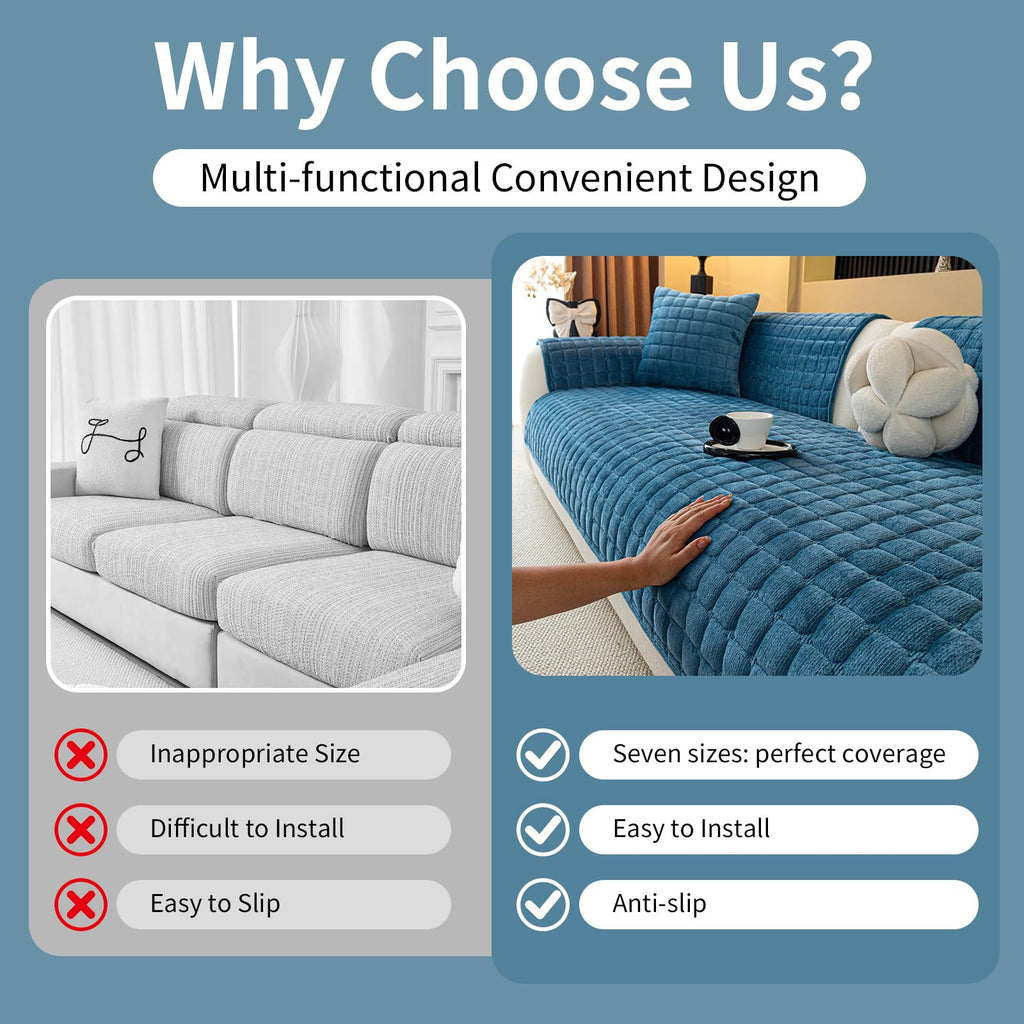 MDSASFD Velvet Couch Cover, Plush Sectional Sofa Cover Washable, Anti Slip Sofa Slipcover for Armrest & Backrest, Furniture Protector Covers for Pets & Kids(1PC, Blue, 35.4"×35.4", Single Seater)