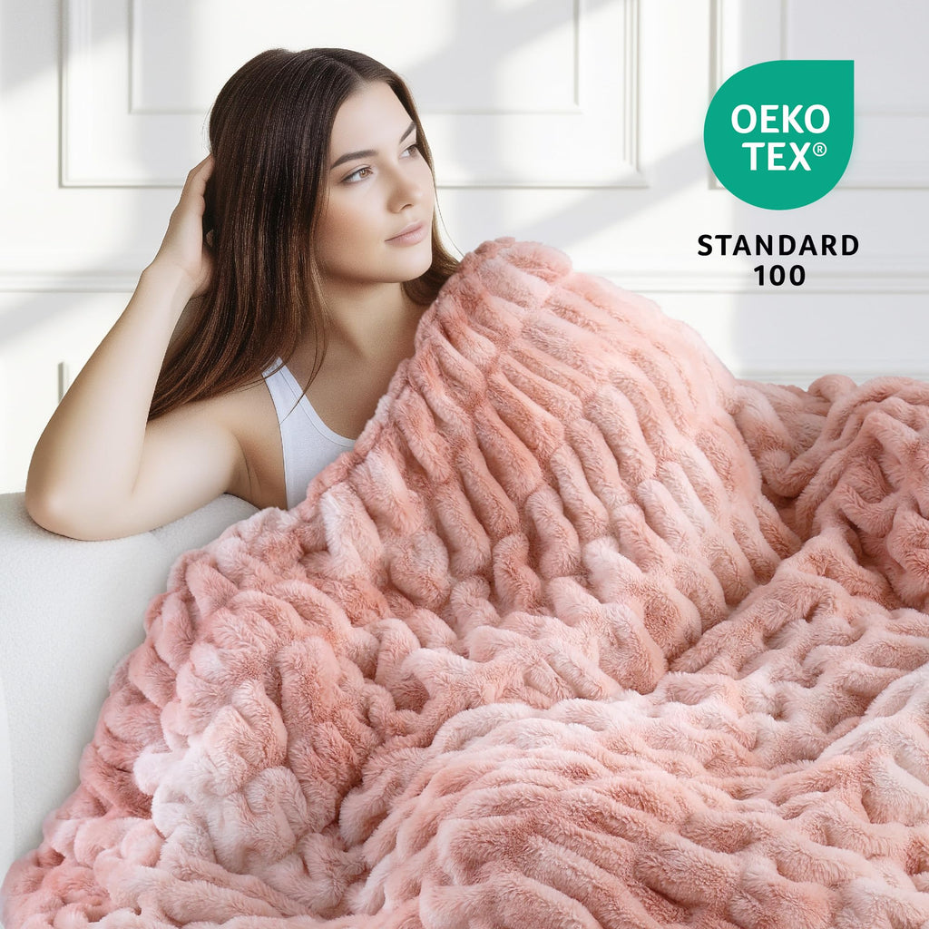 blunique Luxury Faux Rabbit Fur Throw Blanket 50x60, Ultra Soft Double Sided Plush Throw for Couch, Sofa, Bed and Living Room, Cozy Fluffy Decorative Blanket, Tie-Dye Pink