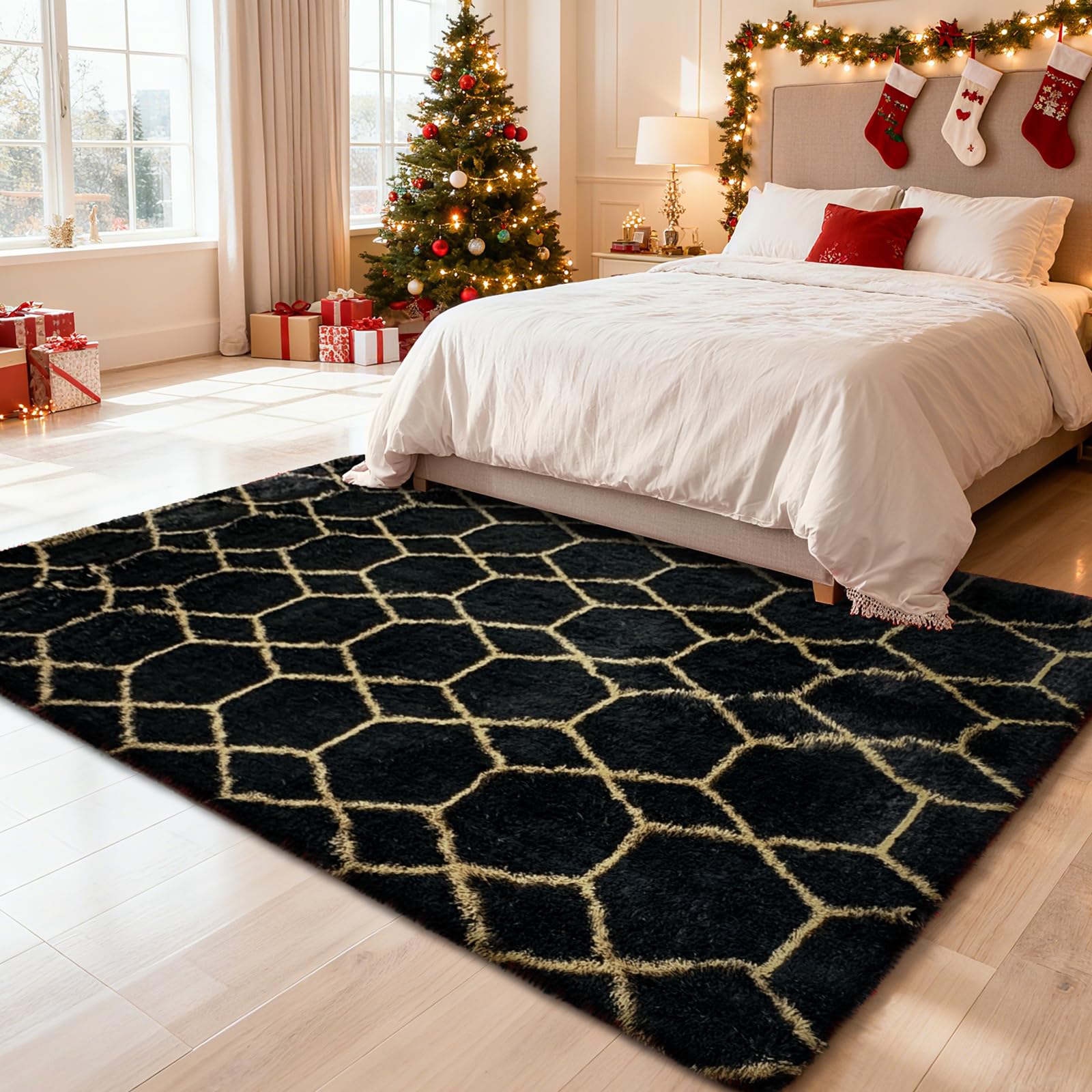 8x10 Fluffy Area Rugs for Living Room Bedroom,Black and Gold Shag Rug
