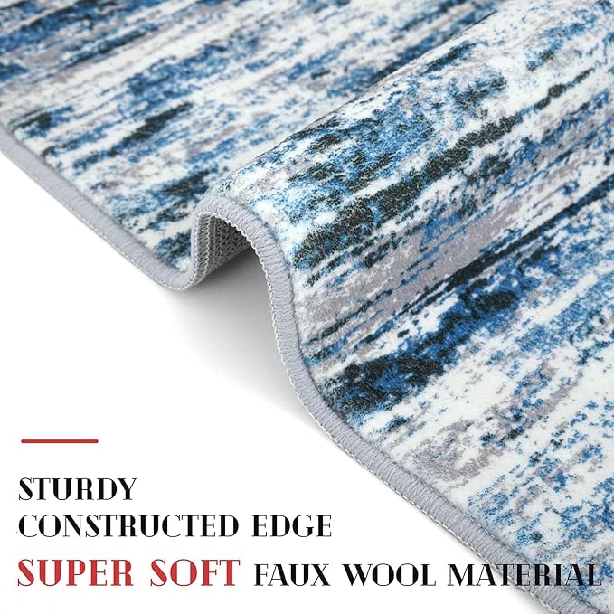 Lansny Modern Abstract 5x7 Machine Washable Area Rug Non-Slip Soft Bedroom Living Romm Rug Grey Blue White Thin Print Faux Wool Floor Carpet Throw Rugs for Nursery Playroom Dining Room Indoor