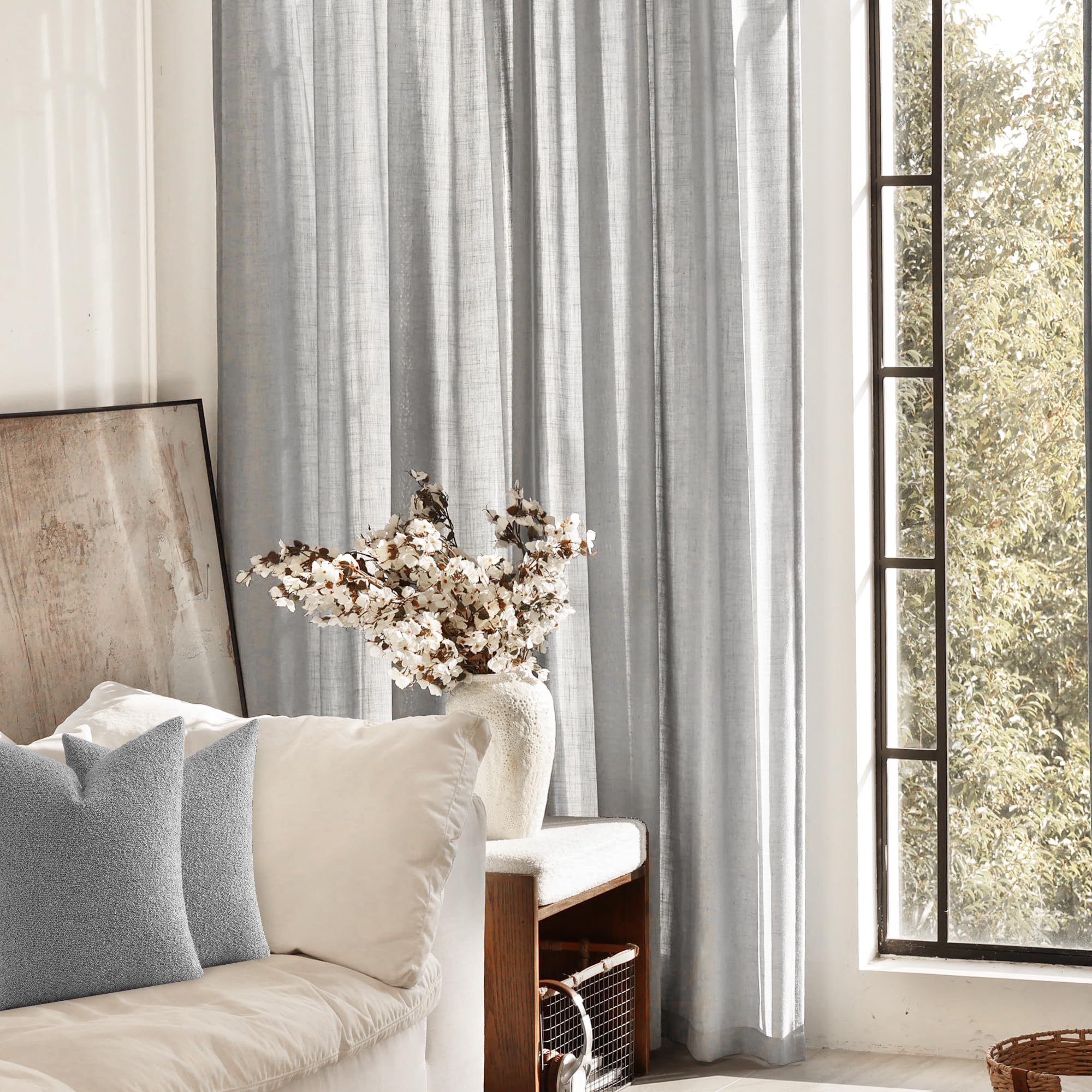Linen Blend Grey Curtains for Living Room Back Tab Modern Farmhouse Semi Sheer Light Gray Curtains 108 inches Long 2 Panels Set Muted Neutral Cotton Texture Window Curtain for Dining Room Bedroom