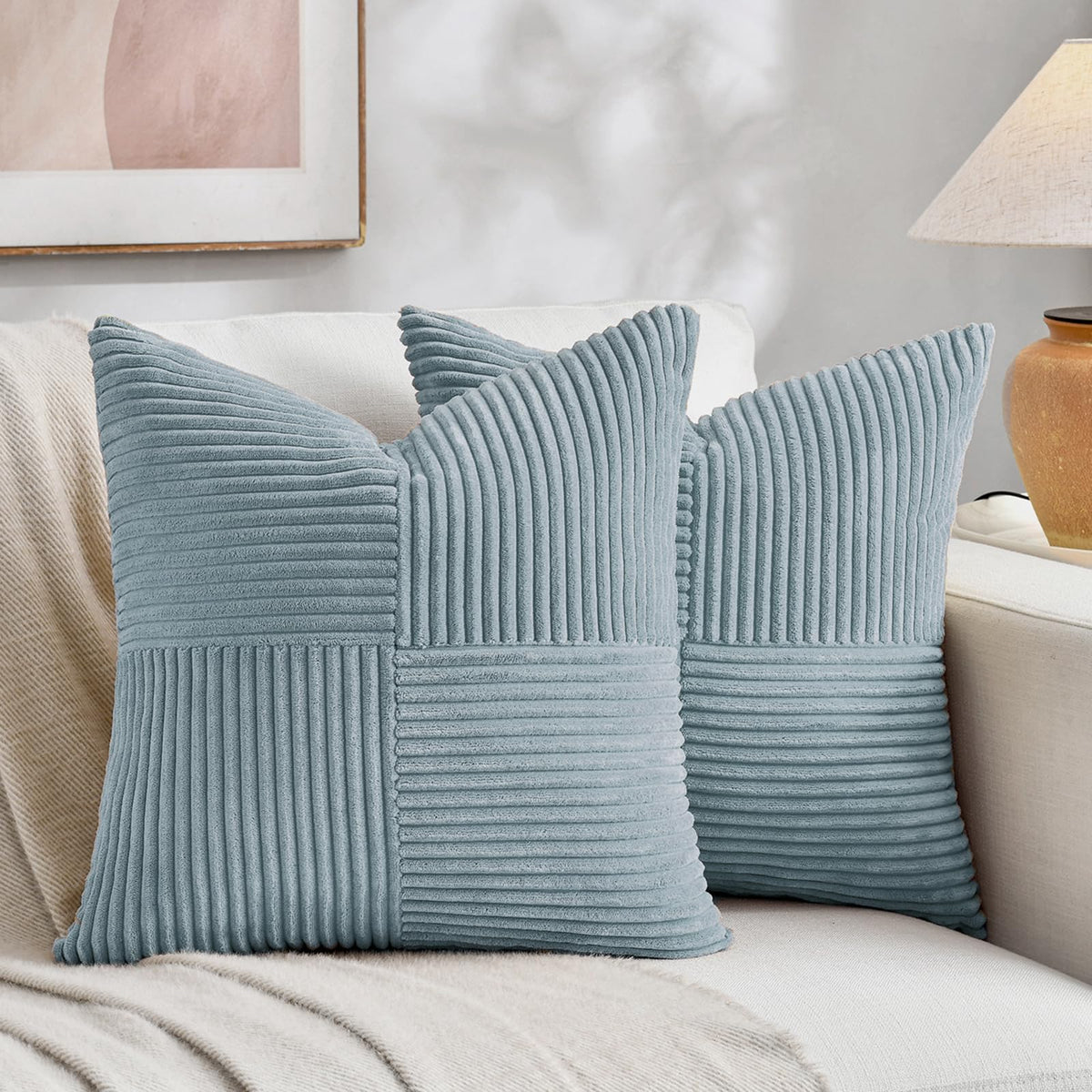Fancy Homi 2 Packs Tan Decorative Throw Pillow Covers 18x18 Inch for Living Room Couch Bed, Rustic Farmhouse Boho Home Decor, Soft Corss Corduroy Patchwork Textured Square Beige Cushion Case 45x45 cm