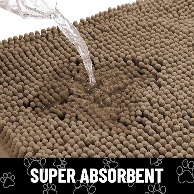 Smiry Dog Door Mat for Muddy Paws, Absorbent Dirt Trapper Non Slip Quick Dry Washable Chenille Mat for Mud Dogs, Entry Rug for Indoor and Outdoor (59x35 Inches, Camel and Black)