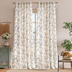 Lazzzy Farmhouse Linen Curtains Blue Floral Curtains 96 Inch Long Back Tab Drapes for Living Room Bedroom Light Filtering Country Vintage Rod Pocket Curtain, 2 Panels, Blue on Beige