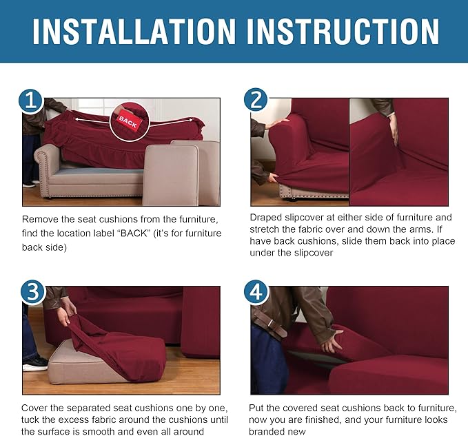 H.VERSAILTEX 4 Piece Stretch Sofa Covers for 3 Cushion Couch Covers for Living Room Furniture Slipcovers (Base Cover Plus 3 Seat Cushion Covers) Upgraded Thicker Jacquard Fabric (Sofa, Burgundy)