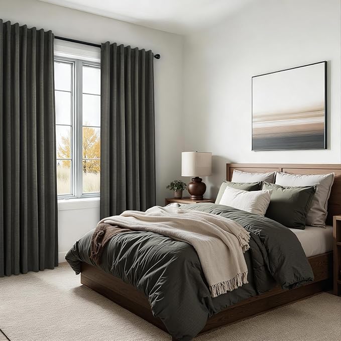 Topfinel Linen Blackout Curtain 90 Inches Long for Bedroom/Living Room Thermal Insulated Back Tab Linen Curtain Drapes Primitive Textured Burlap Effect Window Drapes 2 Panel, Heather Charcoal Gray