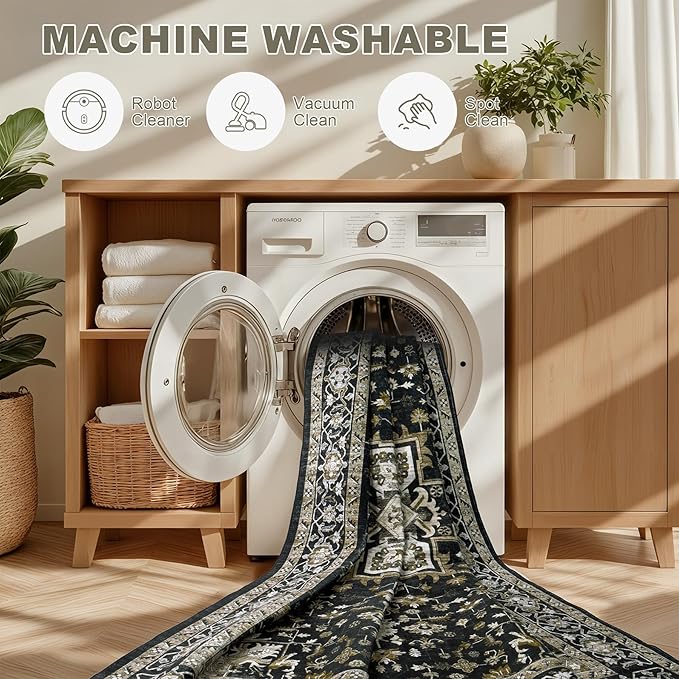 5x7 Area Rugs Living Room Rug: Washable Vintage Boho Medallion Rug No Slip Stain Resistant Soft Carpet Indoor Large Carpets for Bedroom Dining Room Farmhouse Nursery Hallway Home Office Black Gold