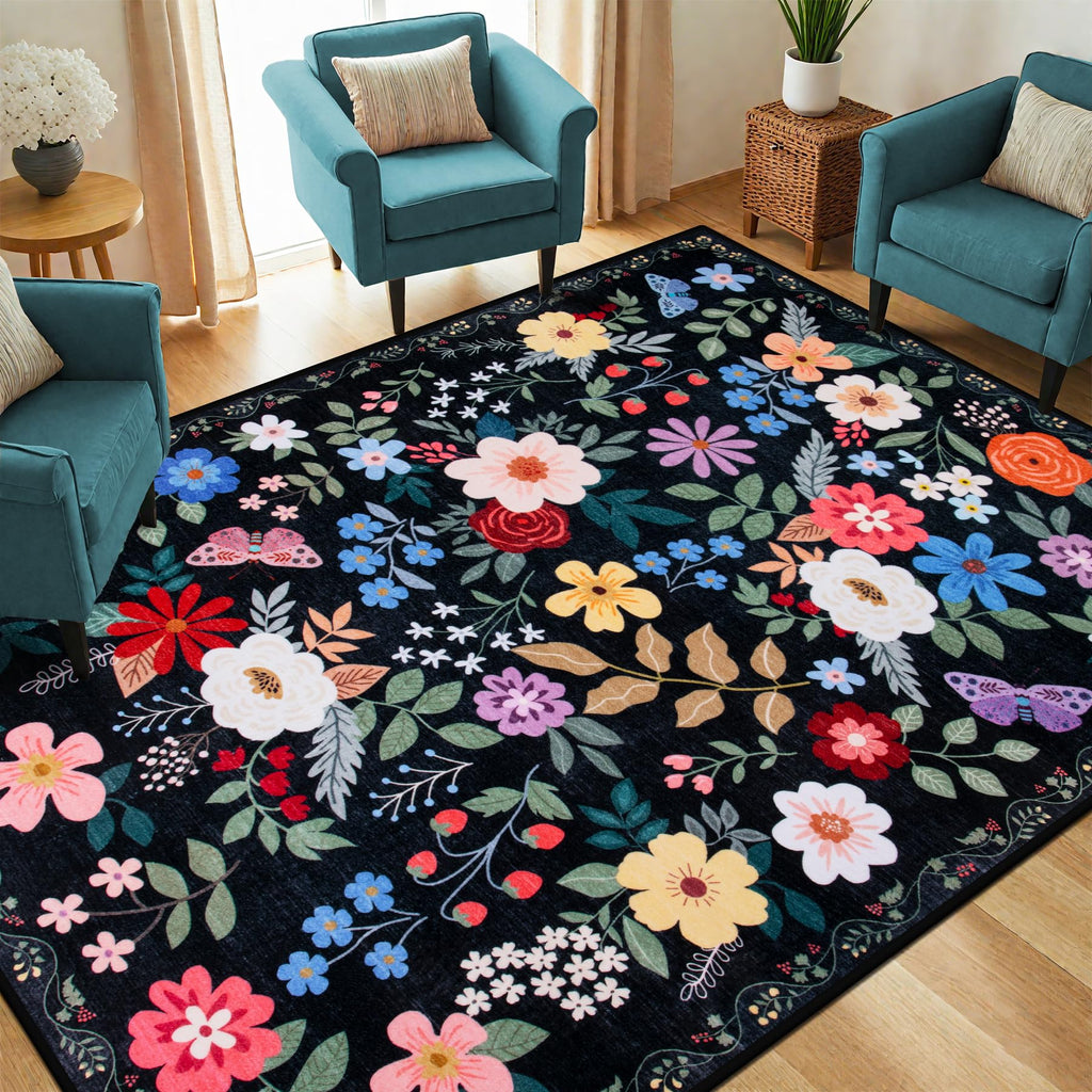 PLHXFR Area Rug Living Room: 4x6 Floral Washable Boho Soft Carpet Black