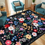 PLHXFR Area Rug Living Room: 4x6 Floral Washable Boho Soft Carpet Black