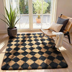 Ophanie Checkered Black & Beige Rhombus Rugs for Living Room Bedroom, Fluffy Soft Cute Fuzzy Area Rug, Plush Shaggy Bedside Floor 4x6 Furry Carpet for Kids Baby Teen Dorm Nursery Home Decor Aesthetic