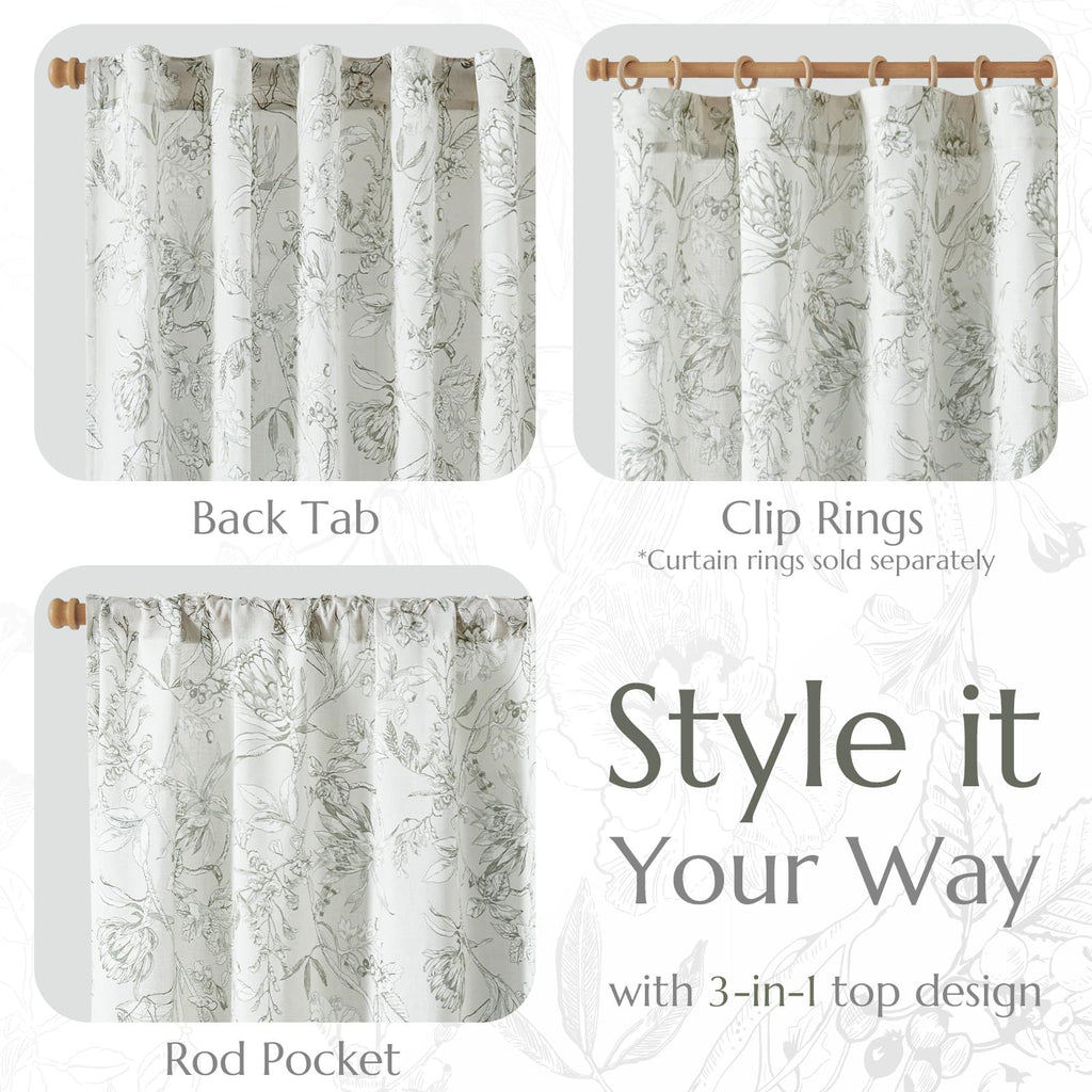 jinchan Grey Floral Linen Curtains 96 Inch Farmhouse Rod Pocket 2 Panels