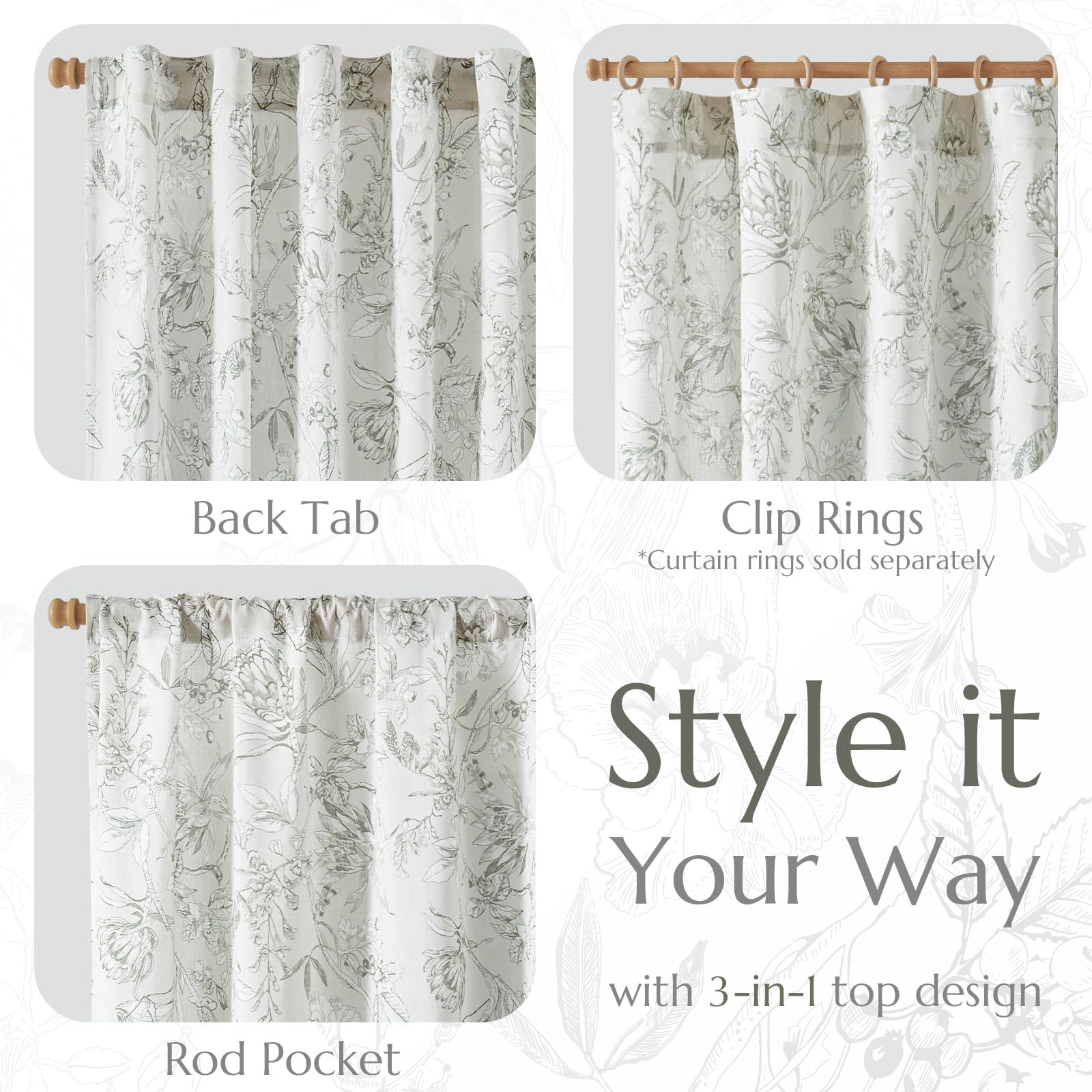 jinchan Grey Floral Linen Curtains 96 Inch Farmhouse Rod Pocket 2 Panels