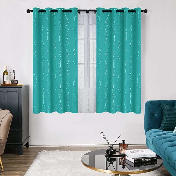 Deconovo Blackout Curtains, Thermal Insulated Soundproof Grommet Drapes, Wave Dots Silver Print, 52 x 63 Inch, Set of 2, Machine Washable Panels for Kitchen Bedroom Living Room Nursery, Turquoise