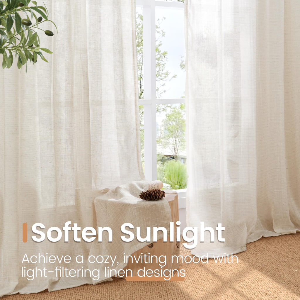 BGment Linen Oatmeal Curtains 45 Inch Length for Short Window - Rod Pocket Textured Drapes Light Filtering Sheer for Bedroom Living Room Lightweight Natural Rustic, 2 Panels Set, 42 X 45 Inch