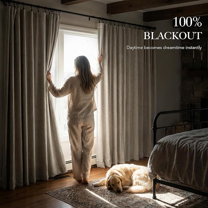 RYB HOME Warm Sand 100% Blackout Curtains for Bedroom, Linen Drapes Back Tab&Rod Pocket, Thermal Insulated Privacy Assurd Curtains for Sliding Glass Doors/Dining/Living Room, W52 x L90, 2 Panels
