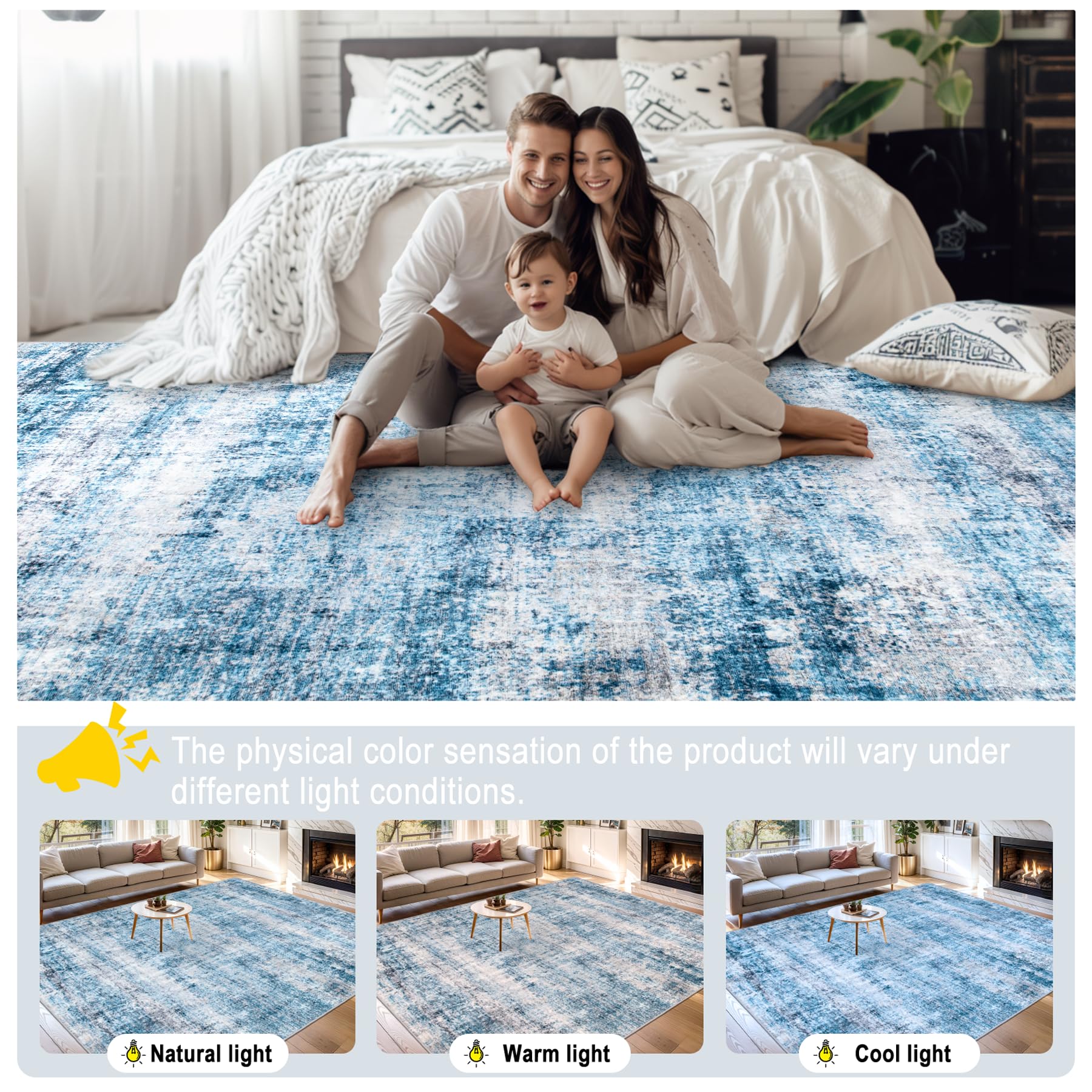 PLHXFR Area Rug Living Room: 4x6 Modern Abstract Washable Carpet Blue