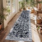 Yamaziot Washable Runner Rug 2x10 – Non Slip Boho Floral Hallway Runner Rug with Rubber Backing, Low Pile Faux Wool Distressed Carpet for Kitchen, Laundry, Bedroom, Entrance, Navy/Black