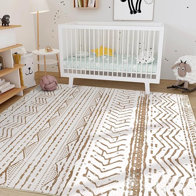 Nakagishi Area Rugs 8x10 Living Room: Washable Boho Large Neutral Soft Farmhouse Rug Stain Resistant Modern Geometric Indoor Floor Carpet for Bedroom Nursery Playroom Office Dining Room- Brown White
