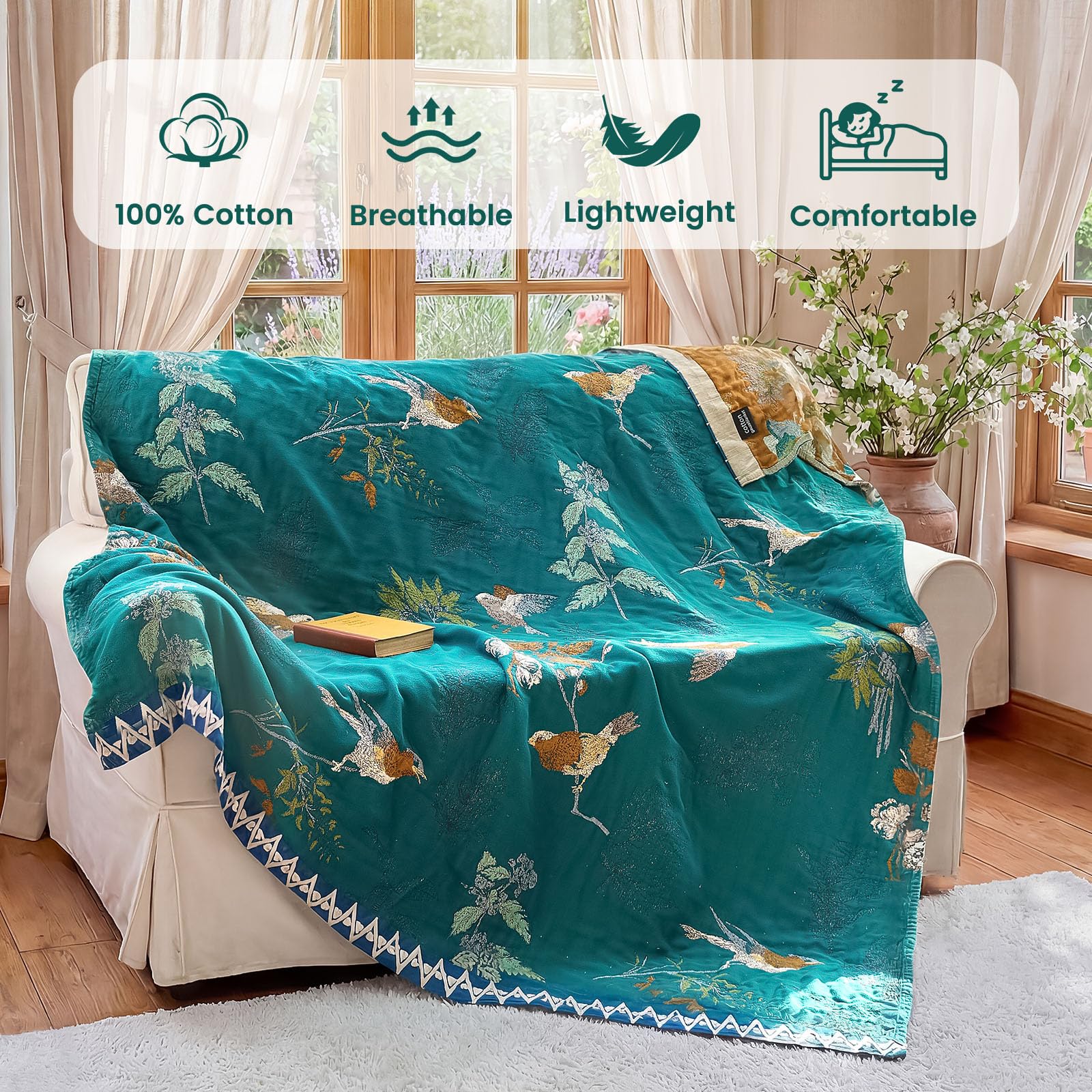 MSGKV Boho Throw Blanket 50"x60" Aviary Botanical Cotton Throw Blanket