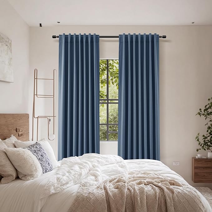 Denim Blue 100% Blackout Linen Curtains 120 Inch Length 2 Panels Set for Living Room Bedroom Back Tab Thermal Insulated Black Out Drapes Room Darkening Farmhouse Style for Bedroom Window Curtains