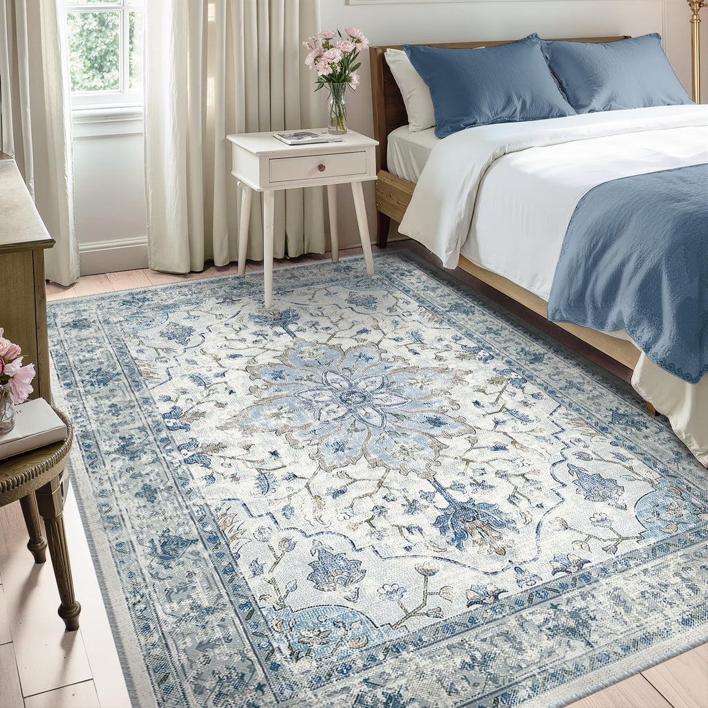 RELEANY Washable Area Rug, 5'x8', Blue/White/Gray