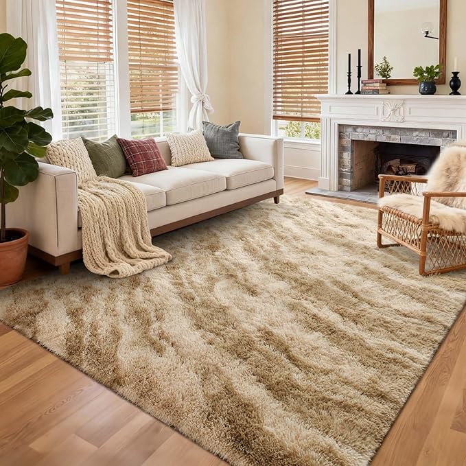 Area Rugs for Living Room, Tie-Dyed 5x7 Feet Soft Fluffy Shagg Plush Rug High Pile Large Indoor Modern Non-Slip Floor Carpet for Bedroom Nursery Kids Home Room Dorm Decor Aesthetic Khaki