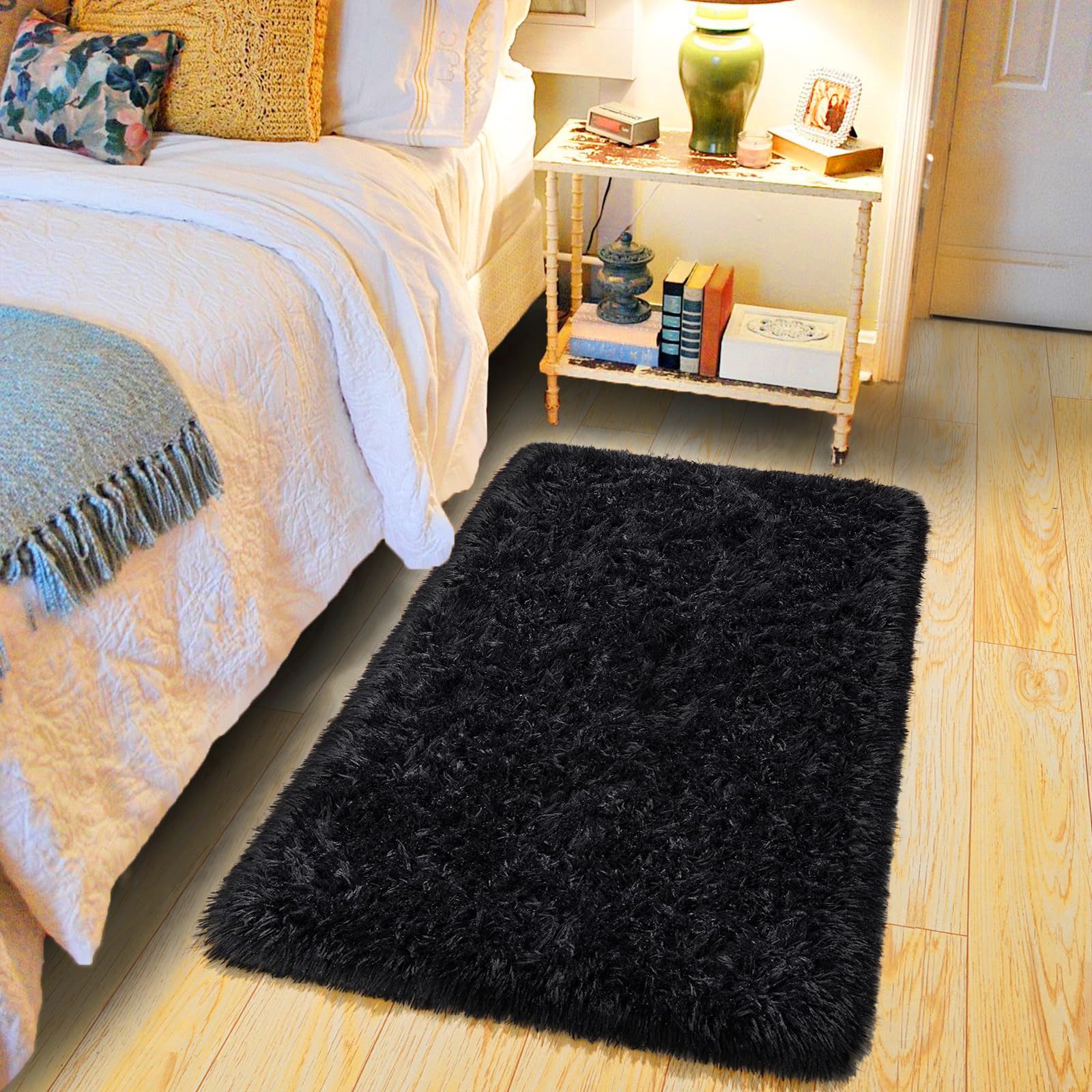 Pionblank Fluffy Small Rug for Bedroom 2x3 Feet, Shag Soft Area Rug, Black