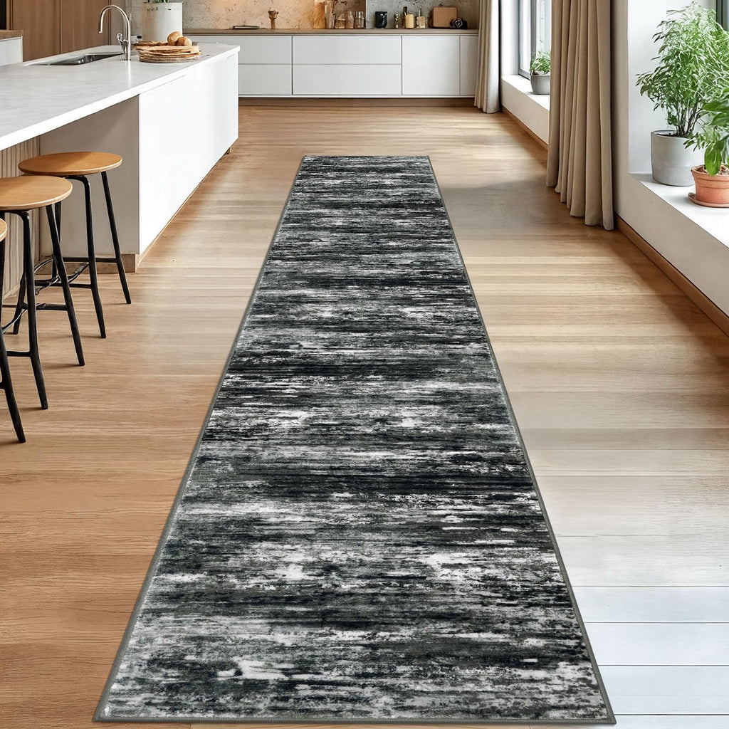 KOZYFLY Modern Abstract Washable Rug Runner 2.6x14 Hallway Rug Runner Non-Slip Soft Kitchen Runner Rugs, Black Grey Striped Carpet for Entryway Bathroom Laundry Room Foyer