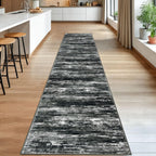 KOZYFLY Modern Abstract Washable Rug Runner 2.6x14 Hallway Rug Runner Non-Slip Soft Kitchen Runner Rugs, Black Grey Striped Carpet for Entryway Bathroom Laundry Room Foyer