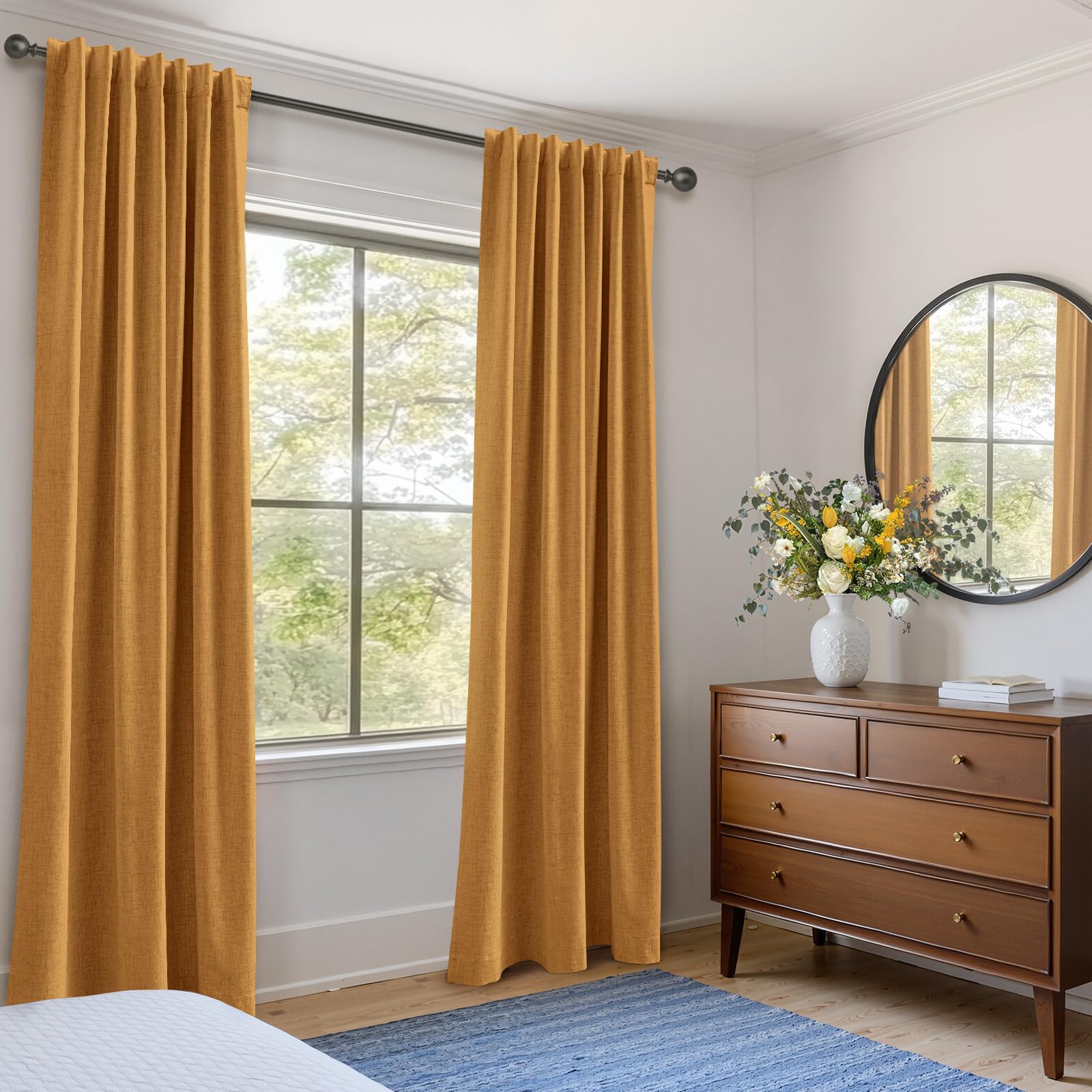 Faux Linen Total Blackout Curtains for Bedroom 84 Inch Long Mustard Yellow