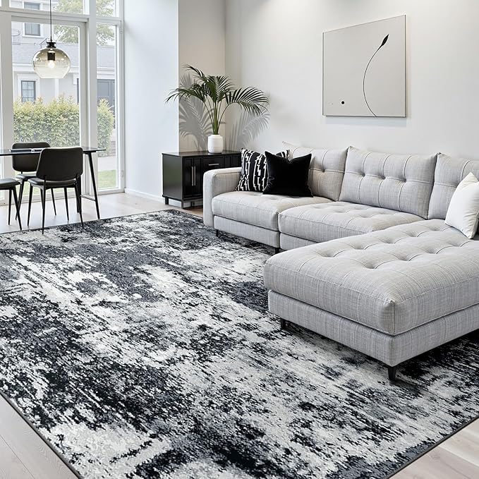 Washable Area Rugs7'x9' Non-Slip Modern Abstract Soft for Living Room Entryway Bedroom Nursery, Print Pattern, Black Navy Blue Gray