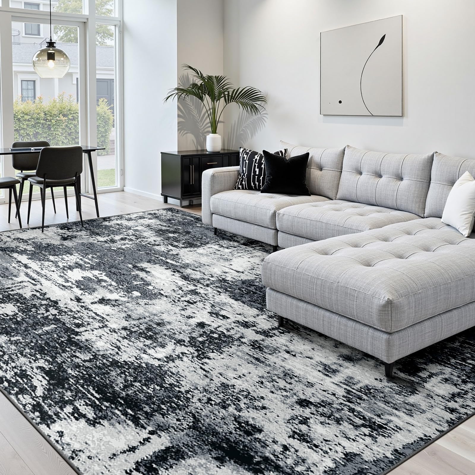 RELEANY Washable 8'x10' Abstract Area Rug for Living Room Black White