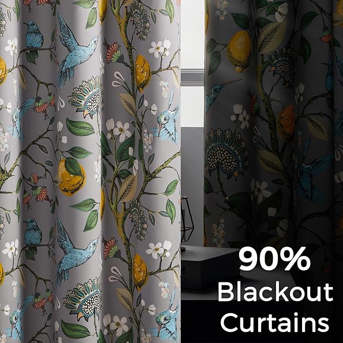 Topfinel Black Dark Floral Grey Blackout Curtains, Gray Decorative French Country Grommet Dark Academia Antique Decor Hummingbird Window Covering for Living Room Bedroom Dining,84 Inch Length