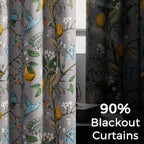 Topfinel Gray Patterned Curtains 96 Inch Long for Living Room, Bedroom Blackout Elegant Vintage Botanical Floral Hummingbird Drapes Grommet Window Treatments for Sliding Door 2 Panel 96 Inch Length