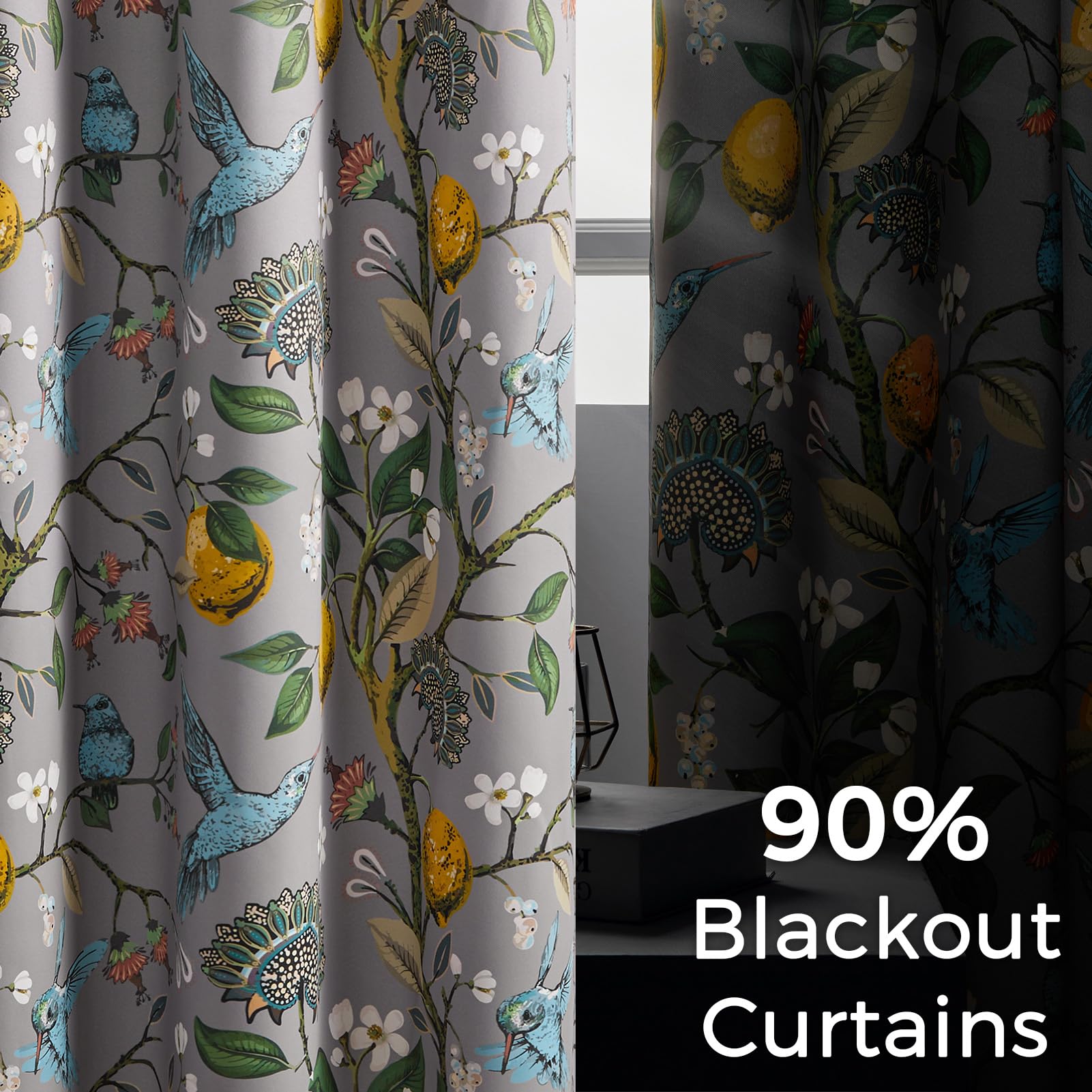 Topfinel Black Dark Floral Grey Blackout Curtains, Gray Decorative French Country Grommet Dark Academia Antique Decor Hummingbird Window Covering for Living Room Bedroom Dining,84 Inch Length