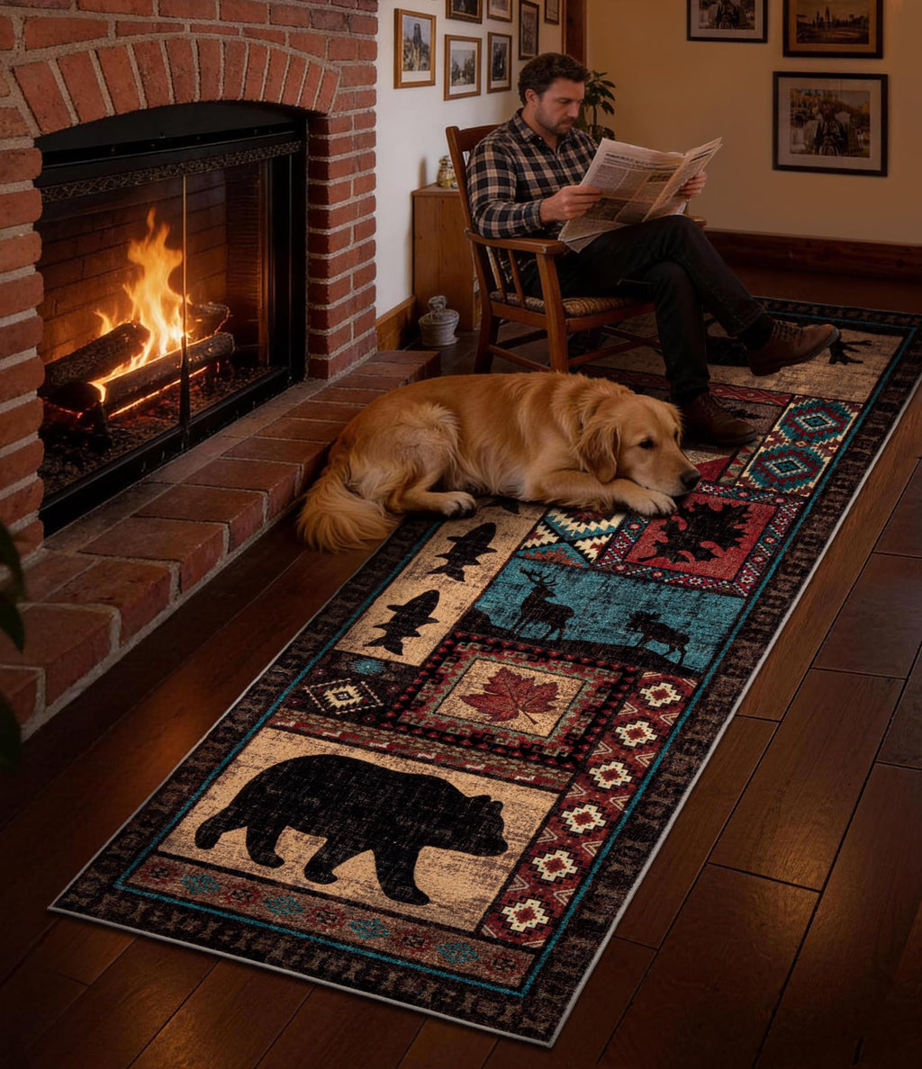 Rustic Cabin Hallway Runner Rug 2'8"x8' - Bear Washable Rug, Non-Slip Low Pile Soft Farmhouse Carpet, Southwestern Wildlife Print Floor Runner Rugs for Kitchen, Entryway, Laundry, Bedroom