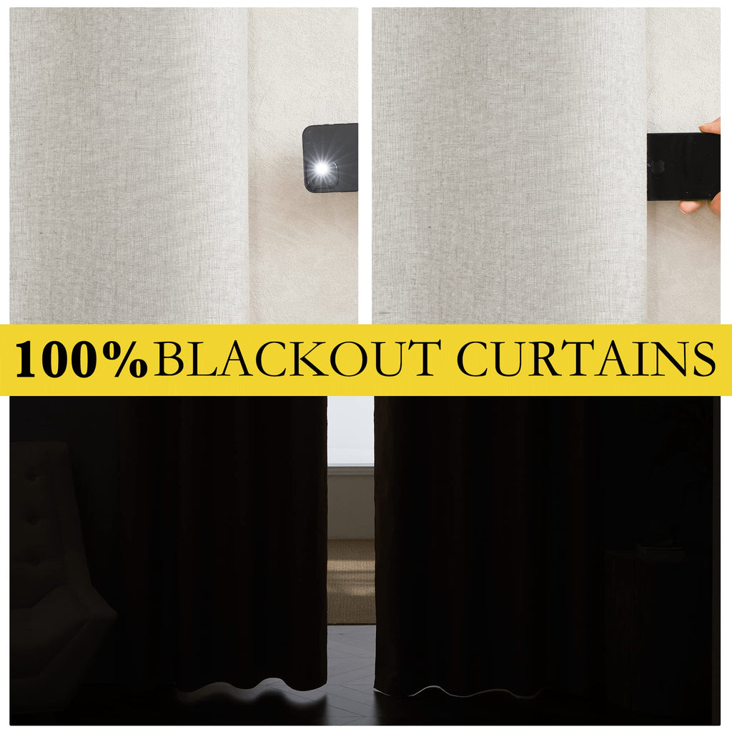 NICETOWN 100% Absolutely Blackout Linen Curtains with Thermal Insulated White Liner, Ivory, W52, 2 Pieces, Noise Reducing Textured Linen Look Curtains for Windows 90 inch Length for Classroom