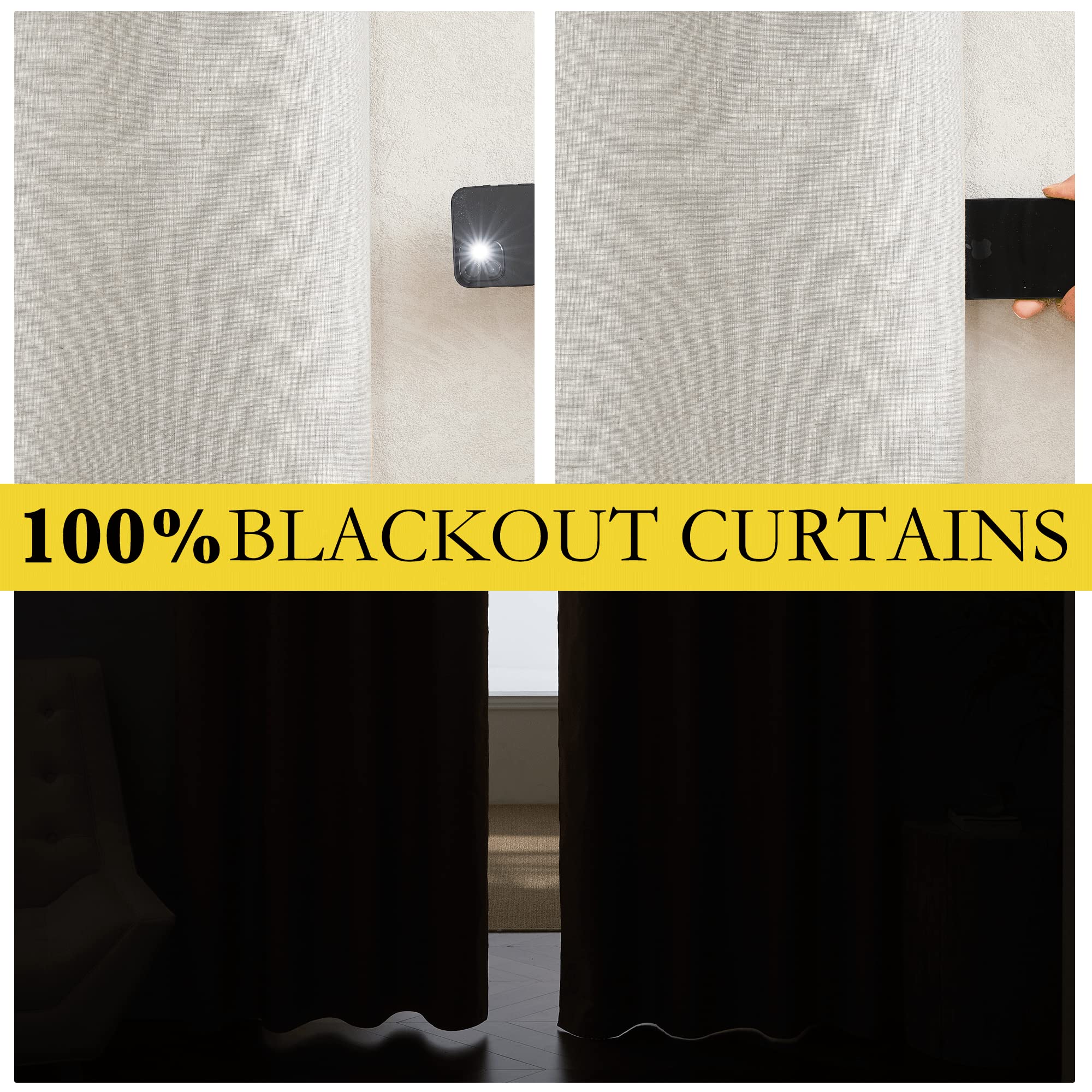NICETOWN 100% Absolutely Blackout Linen Curtains with Thermal Insulated White Liner, Ivory, 52" W x 48" L, Set of 2, Burlap Textured Textured Linen Look Privacy Window Treatment for Kitchen