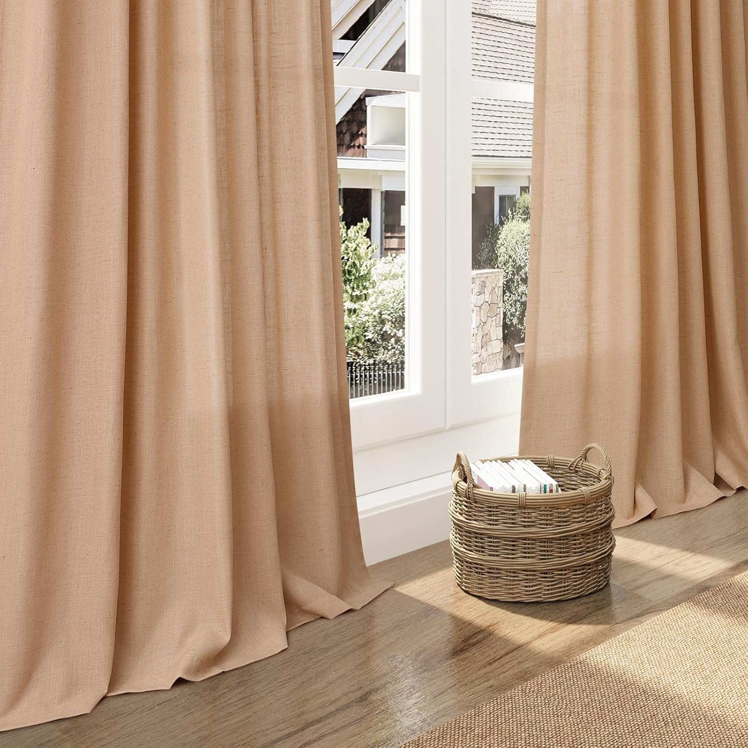 Nanspring Camel Linen Curtains for Living Room Extra Long 144 Inches Long Back Tab Light Filtering Semi Sheer Curtain Vintage Rustic Decor Floor to Ceiling High Window for Bedroom 52x144, 2 Panels
