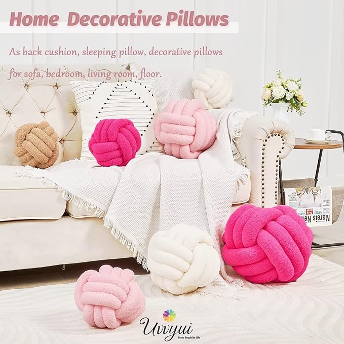 Uvvyui Knot Pillow Ball, Soft Home Decorative Pillows, Round Throw Pillow, Handmade Knotted Plush Pillow, Round Boucle Pillow Cushion (14 Inches Pink)