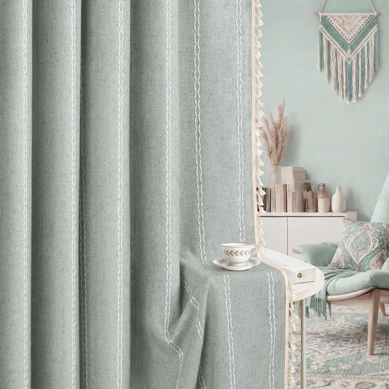 XOGUIBO Teal 100% Boho Blackout Curtains 96 Inch 2 Panels with Tassels