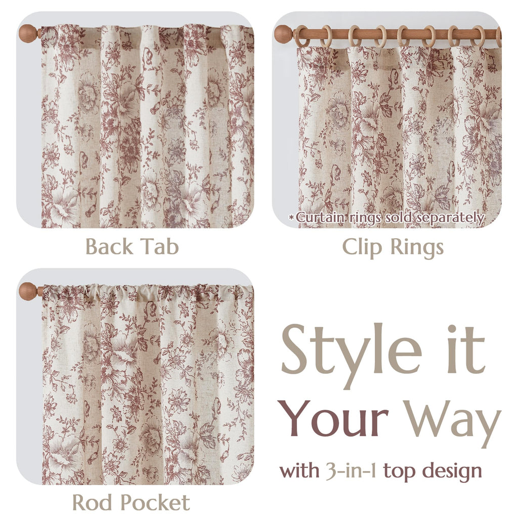 jinchan Vintage Floral Linen Curtains 63 Long for Living Room 2 Panels